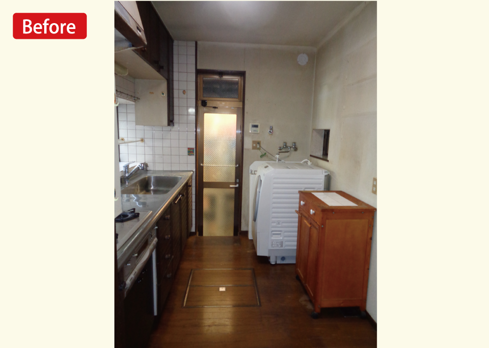 家事動線すっきりなキッチン、こだわりクロスが映える玄関収納のリフォーム（横浜市旭区）